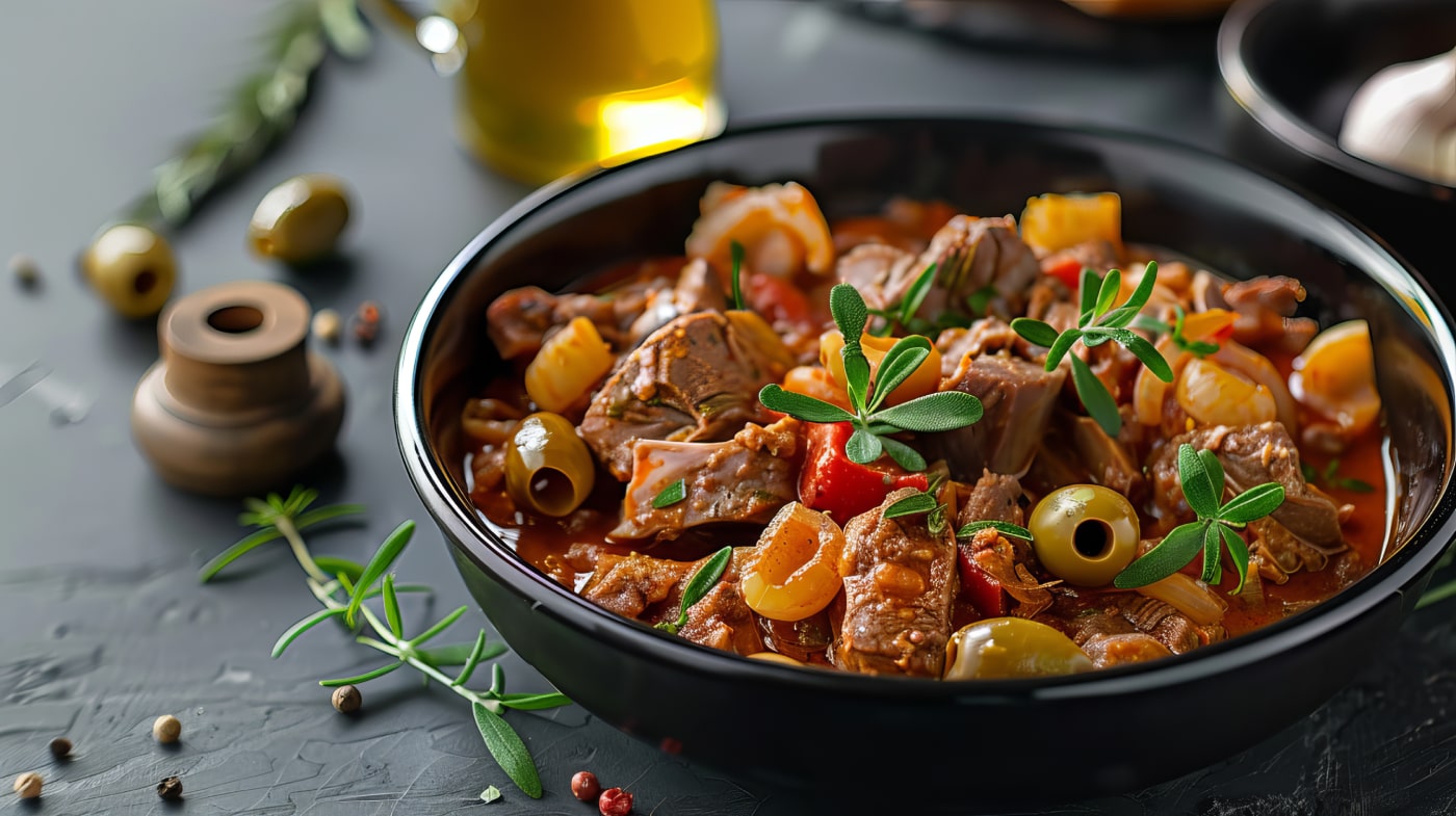 Sauté de veau au chorizo et aux olives